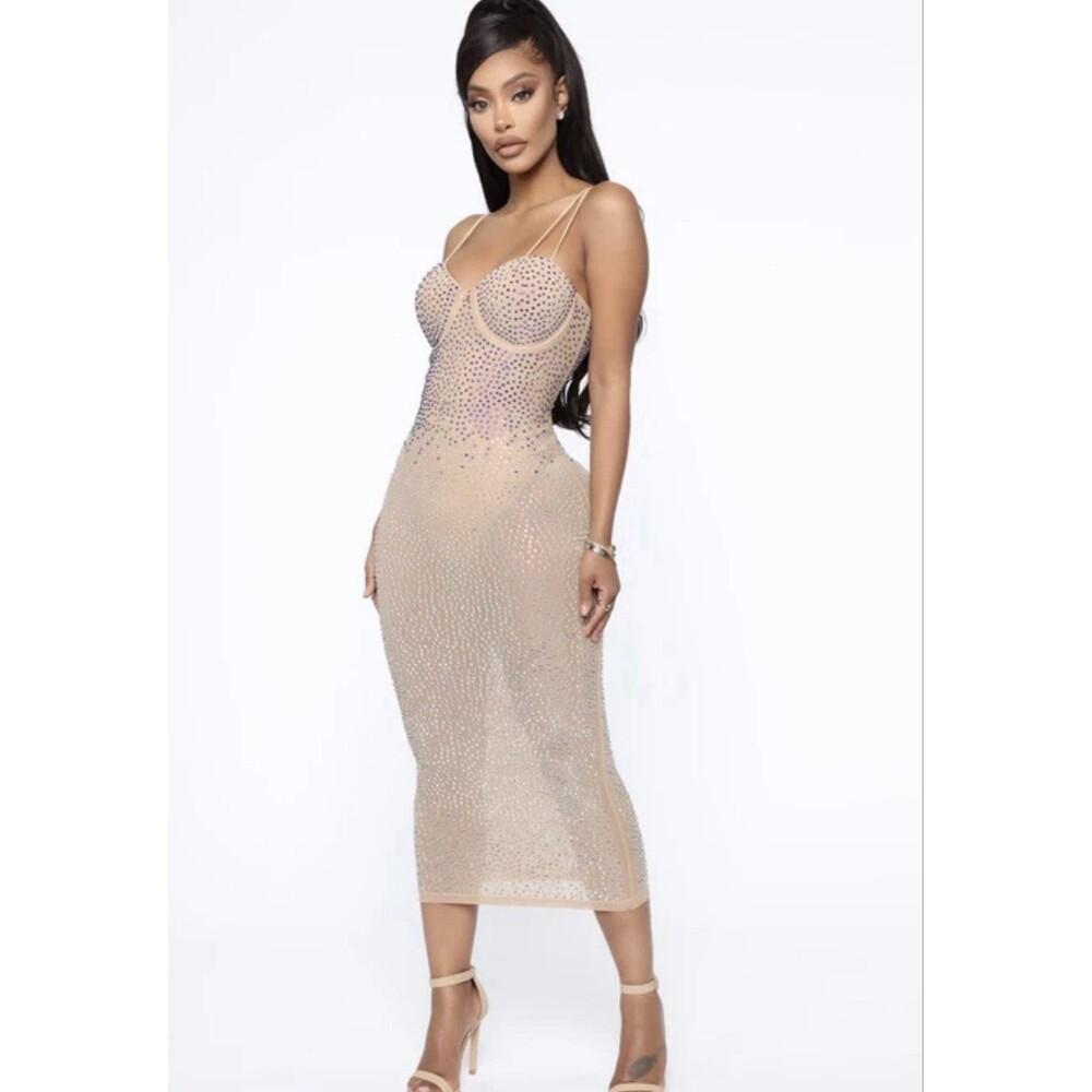Beige Sheer Hot Drilling Rhinestones Spaghetti   Sleeveless Bodycon Midi Dress M